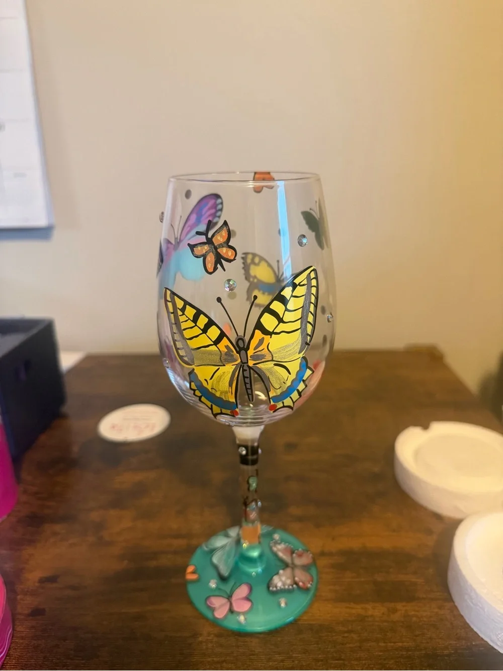 Lolita Hand-Painted Butterfly Wishes Wine Glass in Teal, Yellow, Pink